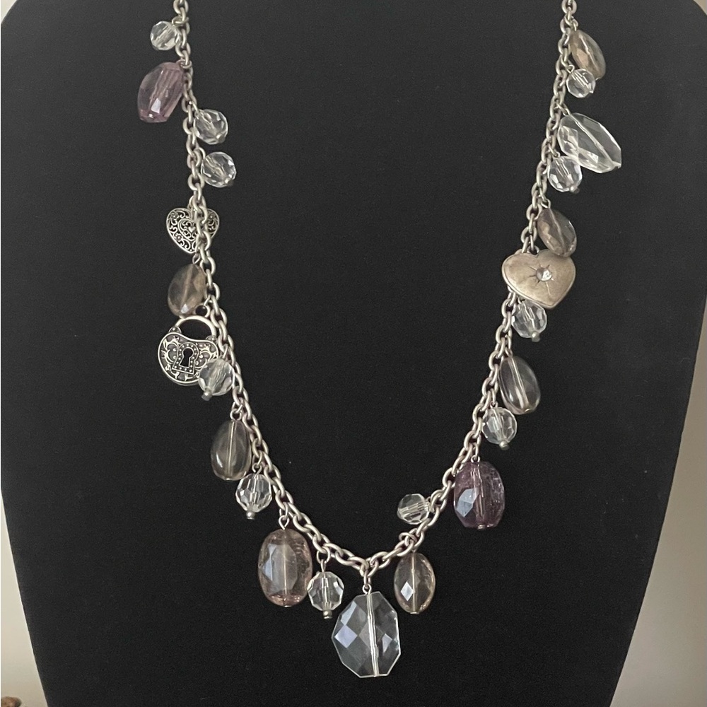 American Eagle Outfitters Silver and Purple Charm Necklace. Hearts, lock